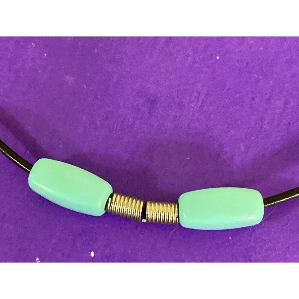 Vintage Seafoam Green Bead Black Cord Necklace Gold Tone Minimalist 20 Inch Boho
